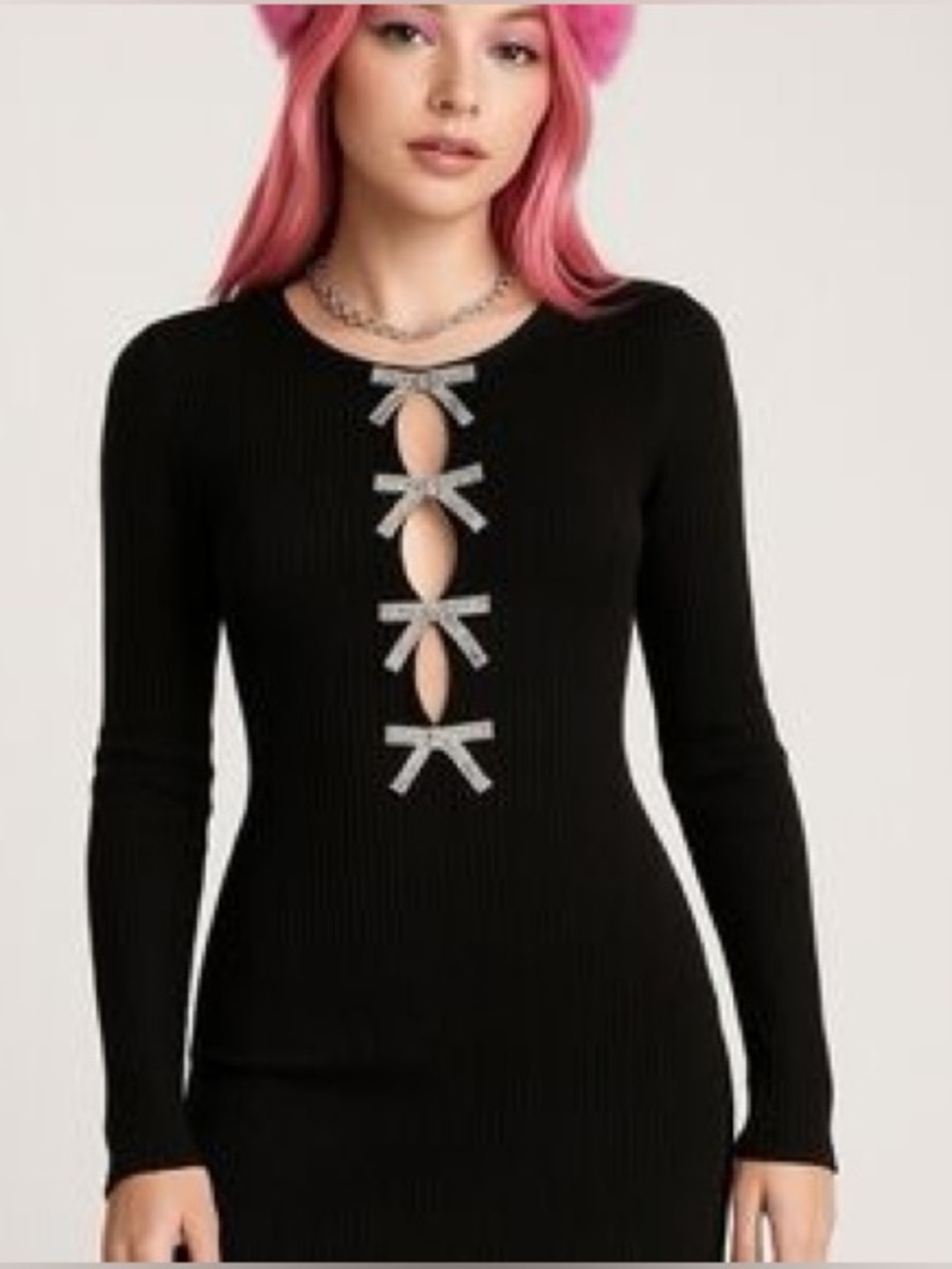 Le Lis Black Ribbed Long Sleeve dress with Rhinestone Bow Accents size large